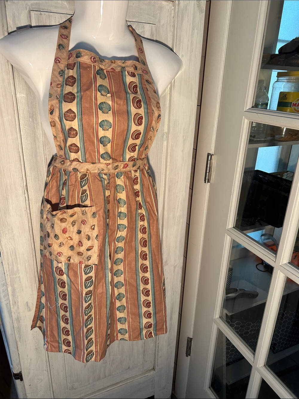 Striped Seashell Print Apron Dress in Tan and Blue